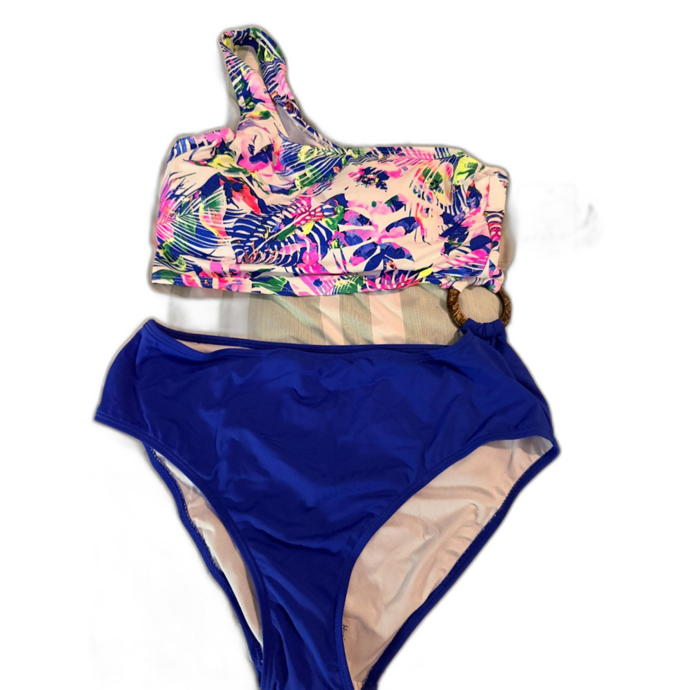 195.As Rose Rich NWT One Shoulder Bikini Set Tropical Floral Blue Size Medium